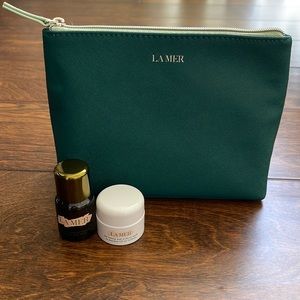 NWOT La Mer Makeup Toiletry Green Bag & Mini Creme de La Mer Treat Lotion & Mask